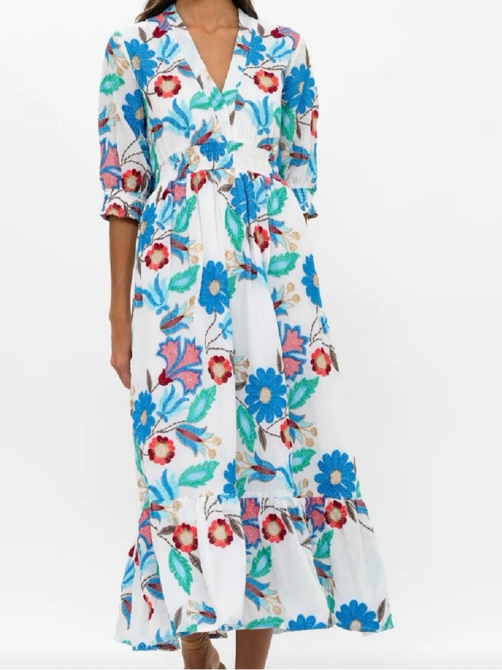 Oliphant White Maxi Dress with Blue, Green & Red Floral Print